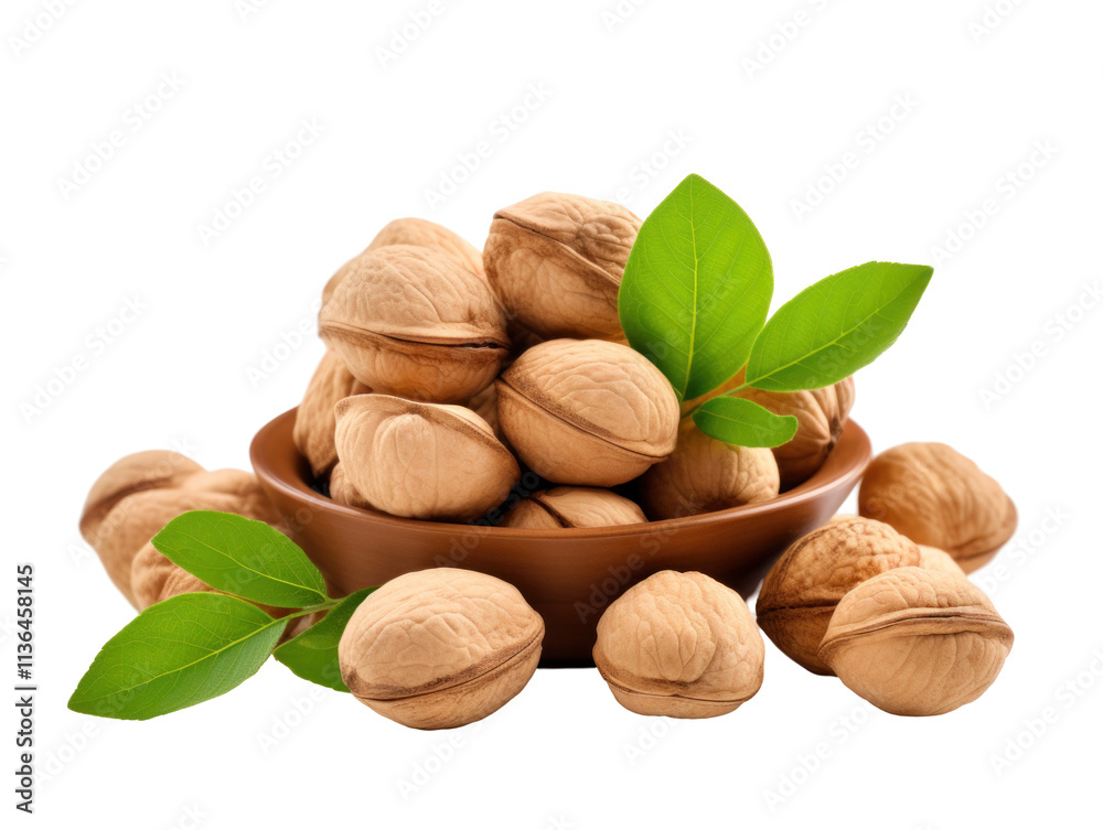 Fresh Walnuts in a Bowl with Green Leaves Fresh Walnuts in a Bowl with Green Leaves