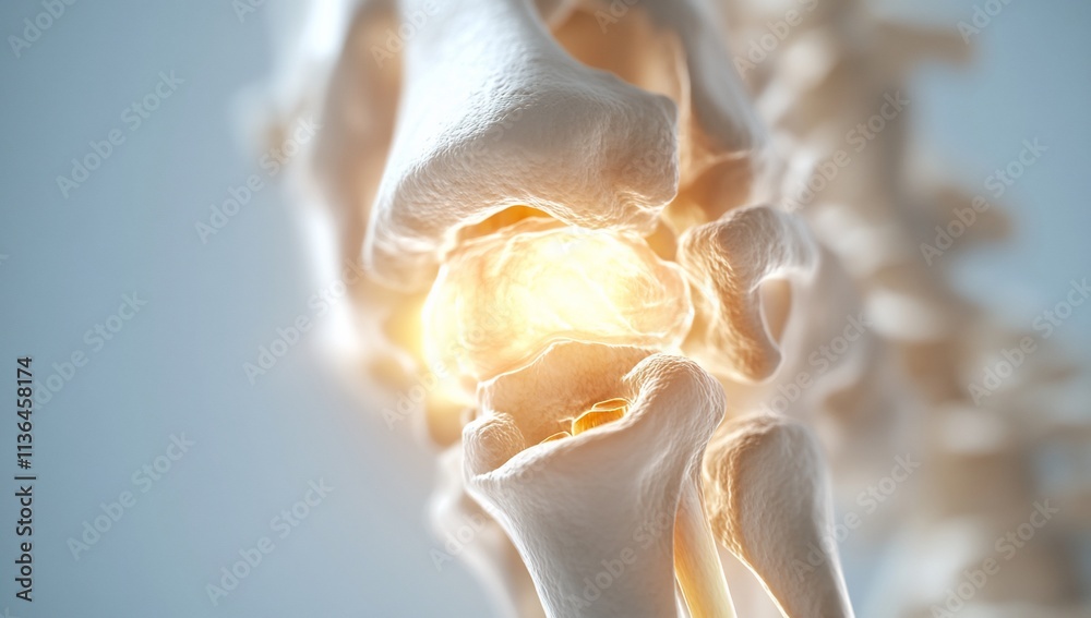Detailed illustration of a human joint with glowing cartilage.