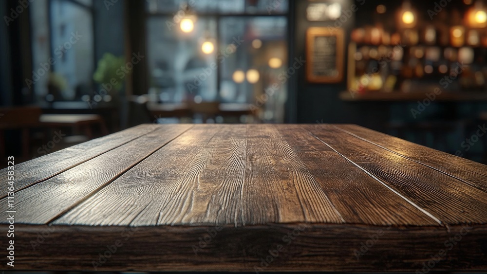Rustic wooden table in a cozy bar ambiance at twilight Rustic wooden table in a cozy bar ambiance at twilight