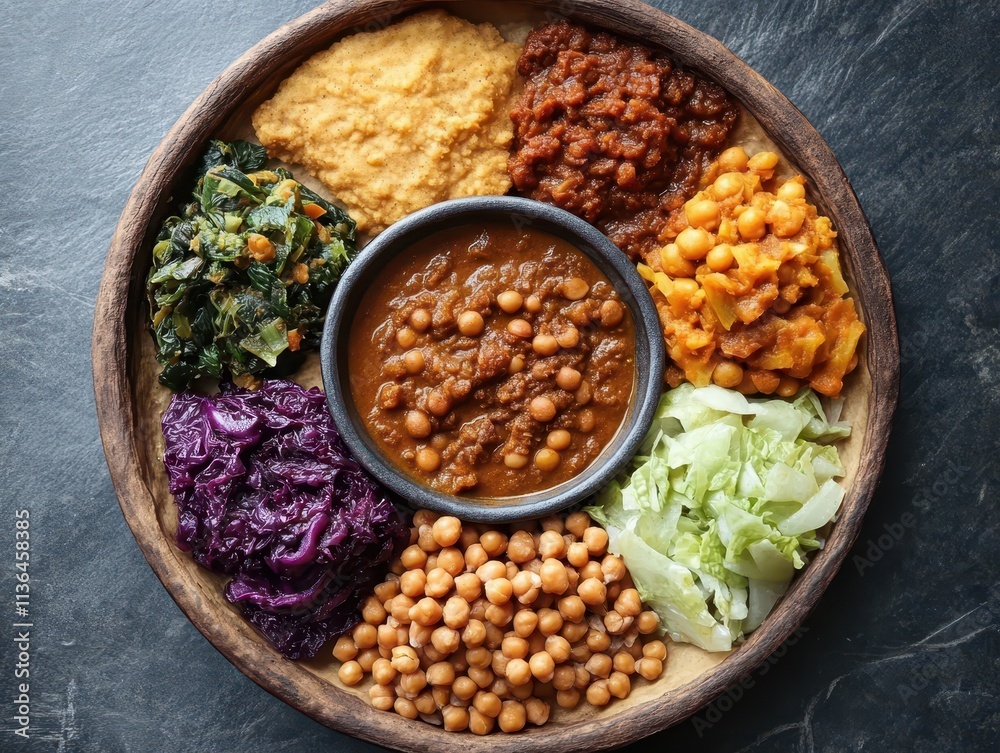 A colorful platter featuring various bean dishes and vegetables, showcasing diverse flavors. A colorful platter featuring various bean dishes and vegetables, showcasing diverse flavors.