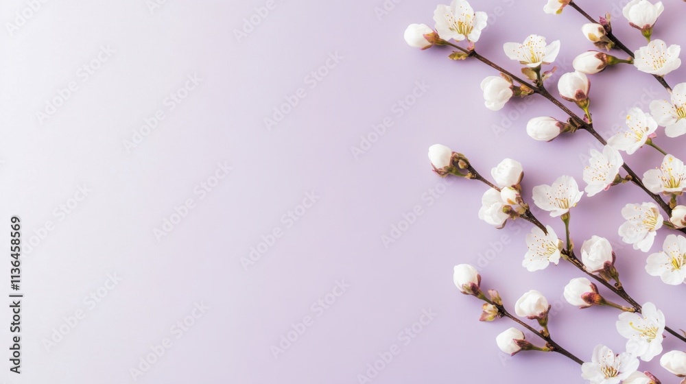 A serene and tranquil Spring scene with blooming cherry blossoms and soft pastel colors against a gentle lavender background, side view, Minimalist style A serene and tranquil Spring scene with blooming cherry blossoms and soft pastel colors against a gentle lavender background, side view, Minimalist style