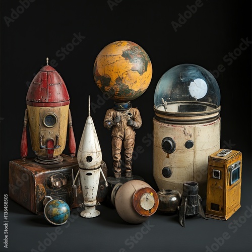 Vintage space exploration artifacts and models.