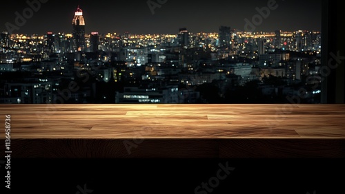 City skyline at night with wooden table in foreground