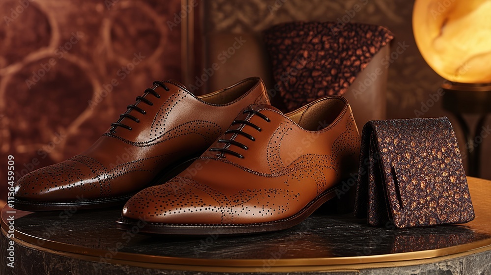 Brown leather brogue shoes and matching accessories. Brown leather brogue shoes and matching accessories.