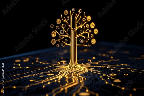 A magical depiction of a business evolution tree, with golden branches that grow upward, each glowing with symbols like coins, gears, and digital screens photo