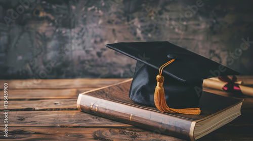 Graduation Cap on Book: A classic black graduation cap sits atop an old leather-bound book, symbolizing the culmination of education and the beginning of a new chapter.