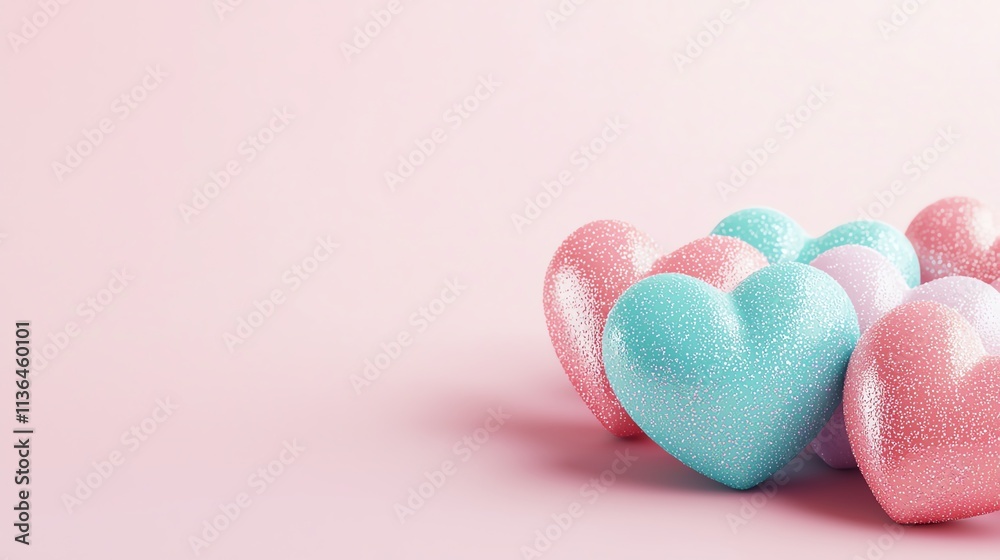 Fototapeta premium Colorful, glittery hearts in pink and blue on a soft pastel background create a playful and romantic atmosphere.