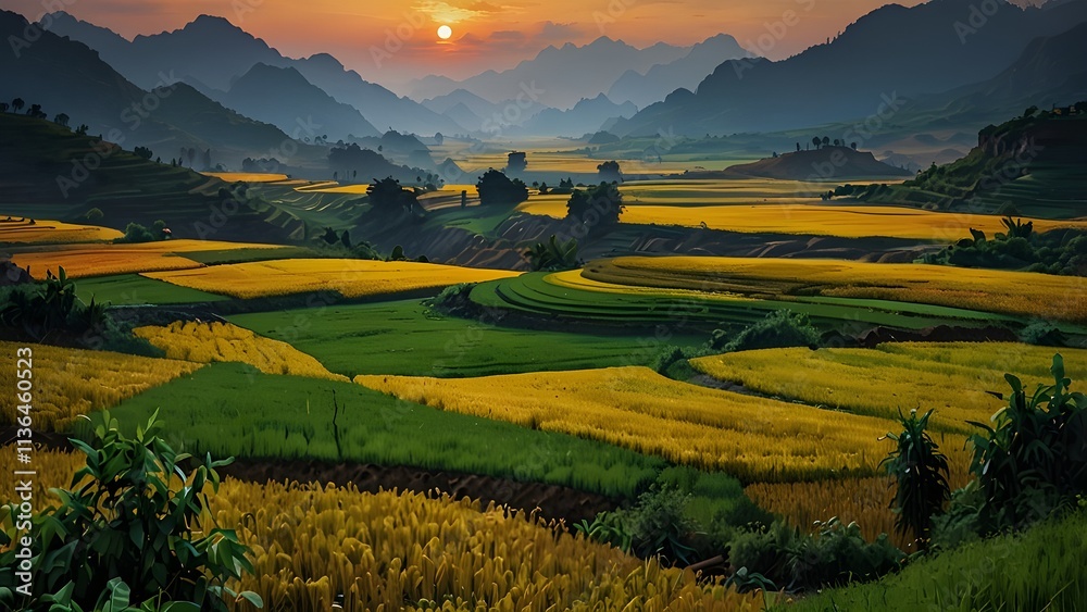 Obraz premium Impasto oil paiting: Beautiful panoramic landscape of a terrace fields in havest season in North Vietnam on the sunset