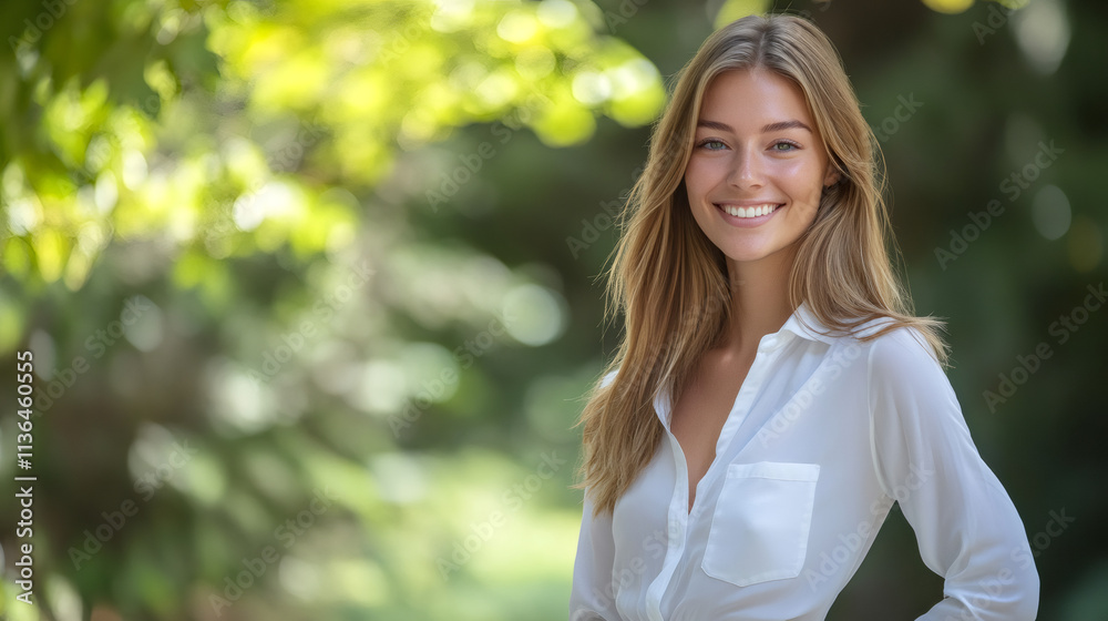 Cheerful businesswoman smiling and enjoying a sunny day in a vibrant green park, radiating happiness and confidence amidst nature