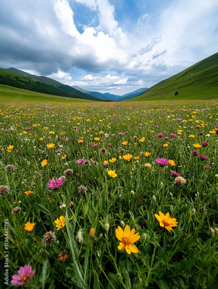 Obraz premium Colorful wildflower field under a cloudy sky