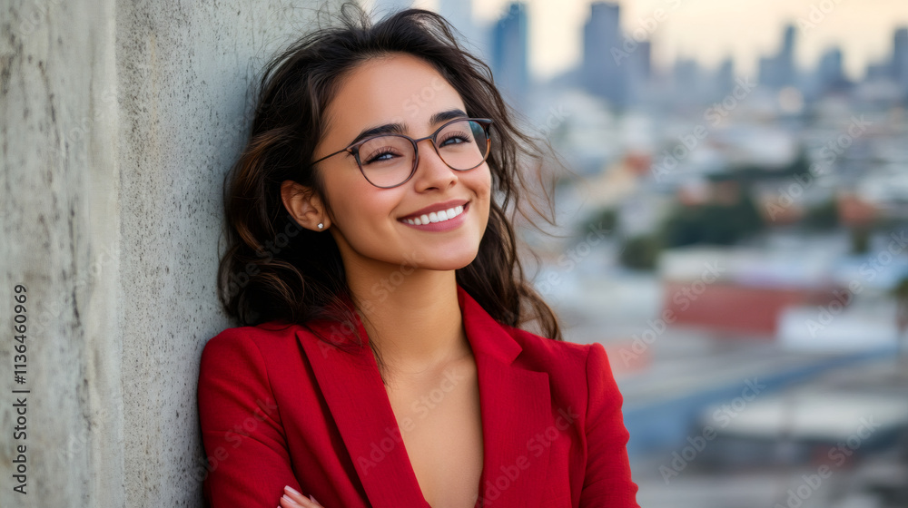 Happy businesswoman in glasses and a red jacket leaning against a wall with a city skyline in the background Happy businesswoman in glasses and a red jacket leaning against a wall with a city skyline in the background