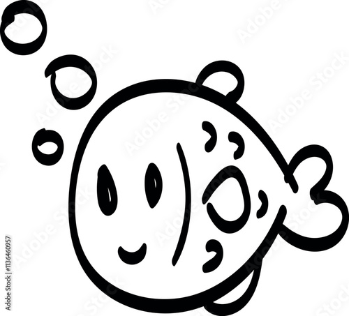 Simple black-and-white line drawing of a fish with oval eyes, a small mouth, a fin on its back, tail fin, and pectoral fin. Three bubbles rise from the fish's mouth, indicating it's underwater.
