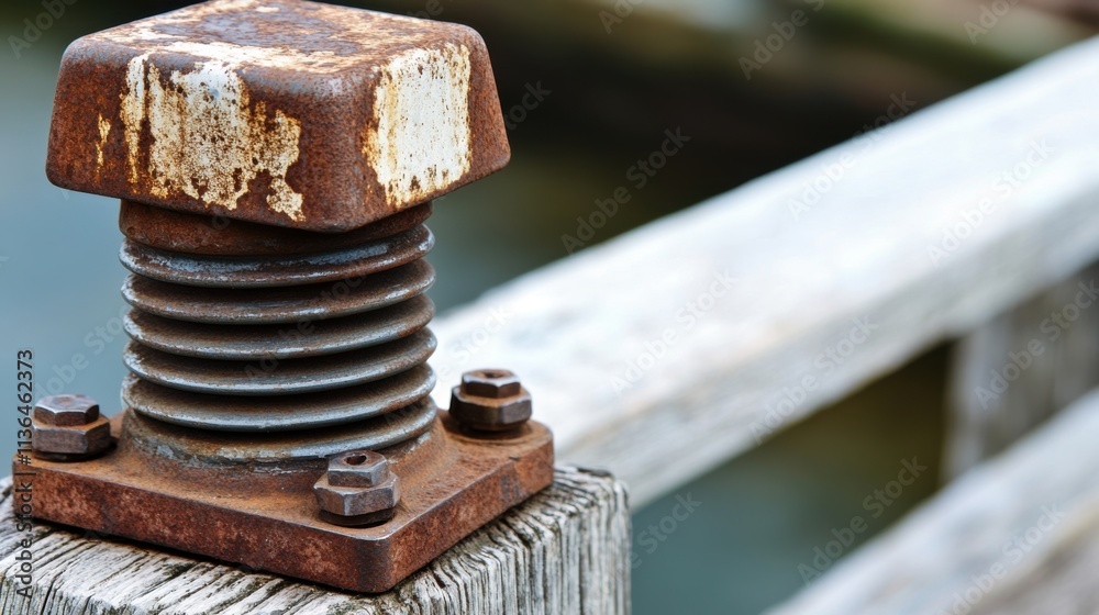 Aged Metal Insulator on Wooden Pole: Close-Up of Rust-Resistant Texture with Blurred Background