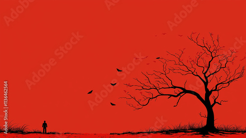 Silhouette of Solitude: A lone figure stands against a stark red backdrop, dwarfed by the skeletal branches of a bare tree. The wind whips leaves into the air.