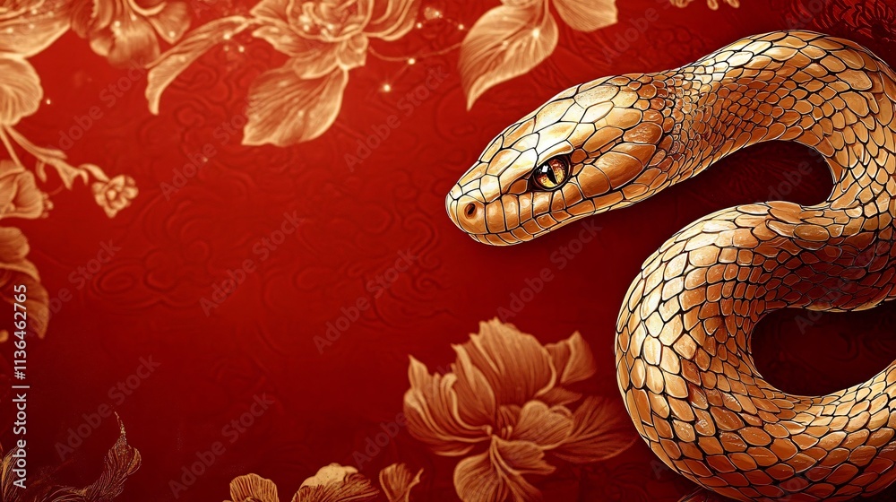 Stylized vector illustration of a golden snake set against a rich red background, ideal for designs themed around the Year of the Snake or Chinese New Year celebrations. Stylized vector illustration of a golden snake set against a rich red background, ideal for designs themed around the Year of the Snake or Chinese New Year celebrations.