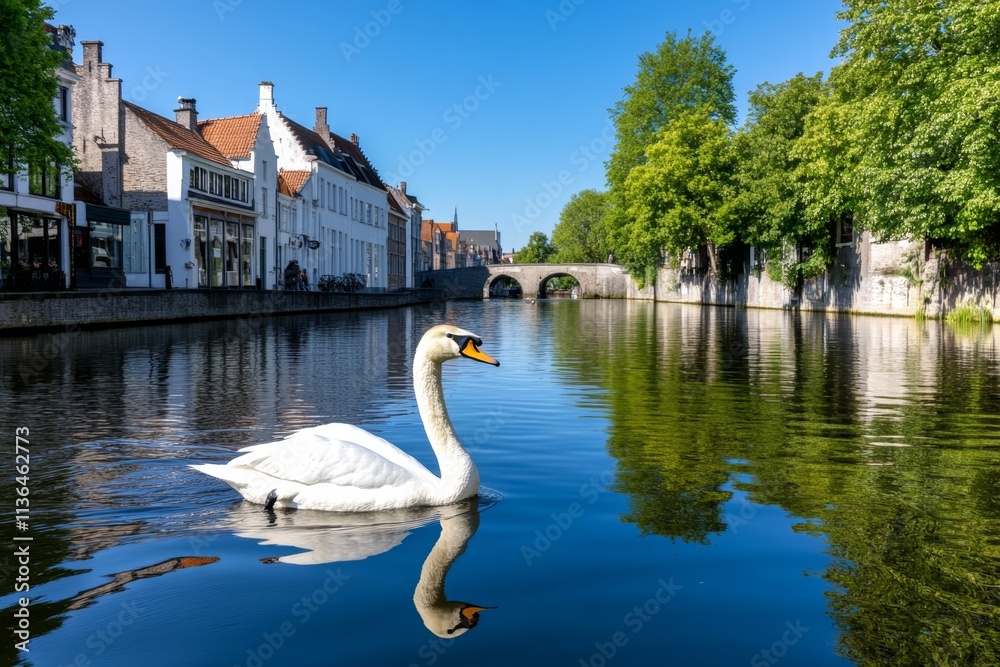 Obraz premium A serene canal in Bruges, Belgium, with stone bridges, charming medieval houses, and swans gliding on the water