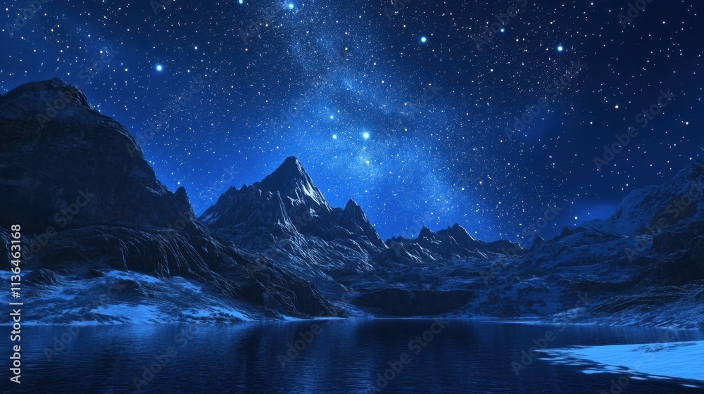 Starry Night Sky Over Mountain Range and Calm Lake Reflection Starry Night Sky Over Mountain Range and Calm Lake Reflection