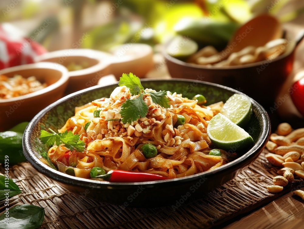 A vibrant bowl of noodles topped with peanuts, lime, and herbs, highlighting a delicious meal. A vibrant bowl of noodles topped with peanuts, lime, and herbs, highlighting a delicious meal.