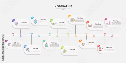 Timeline Creator infographic template. 12 Step timeline journey, calendar Flat simple infographics design template. presentation graph. Business concept with 12 options, gantt vector illustration.