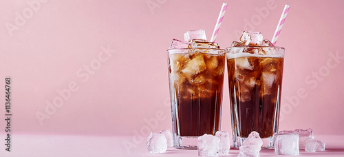 Two glasses of cold coffee with ice cubes and straws on a pink background photo