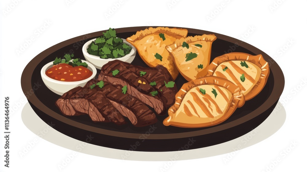 Illustration of Traditional Argentinean Food on a Plate with Steaks and Empanadas Illustration of Traditional Argentinean Food on a Plate with Steaks and Empanadas
