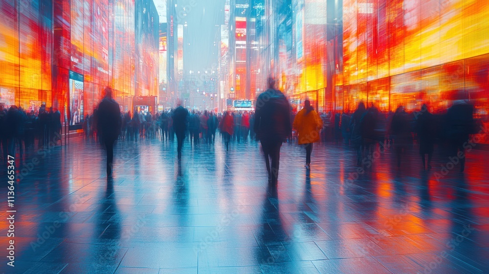Blurred figures in vibrant illuminated cityscape Blurred figures in vibrant illuminated cityscape