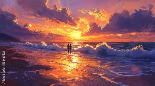 Sunset beach lovers walk, vibrant ocean waves, golden sky, couple holding hands, romantic coastal evening scene photo