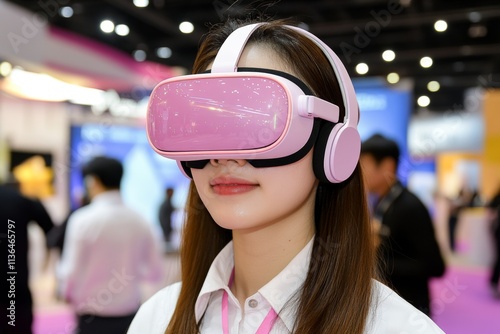 A technology expo event, with booths showcasing the latest gadgets and innovations, and attendees trying out VR headsets photo