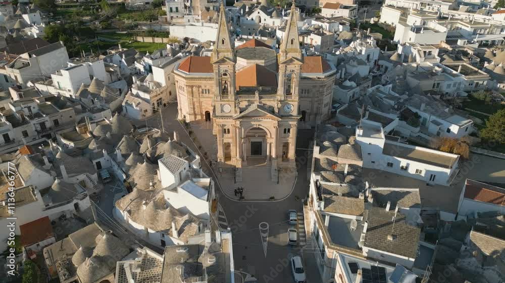 Aerial drone view of the church and town center in Alberbello, Puglia southern Italy Aerial drone view of the church and town center in Alberbello, Puglia southern Italy