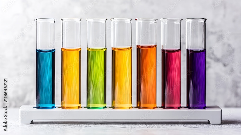 Colorful test tubes filled with vibrant liquids arranged in a row on a light background. Colorful test tubes filled with vibrant liquids arranged in a row on a light background.