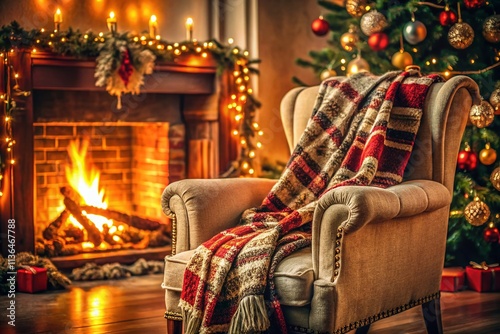 Cozy Christmas Armchair, Festive Blanket, Winter Fireplace, Holiday Comfort, Christmas Decor, Warm Room,  Fireside Relaxation, Winter Wonderland, Holiday Season, Christmas Cheer photo