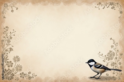 Vintage-style background with illustrated small tit bird on the right side, elegant floral border photo