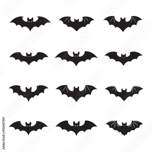Black single bat silhouette isolated on white background.