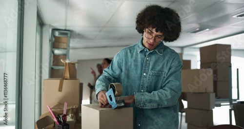 Man, logistics and packing with box for shipping, courier service or distribution at warehouse. Male person, distributor or packer with parcel for online order, delivery or supply chain at store