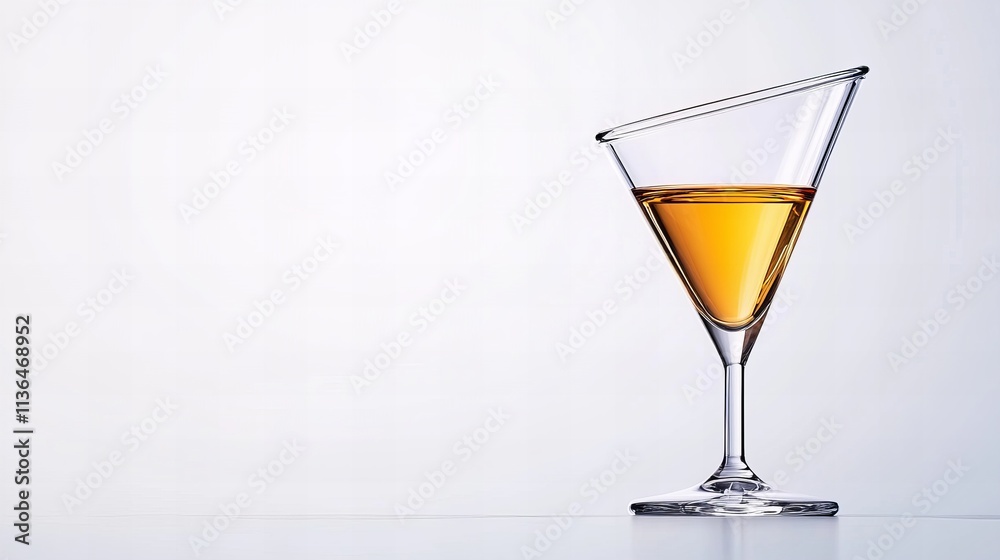 A tilted martini glass filled with amber liquid, showcasing elegance and playfulness against a soft white background. A tilted martini glass filled with amber liquid, showcasing elegance and playfulness against a soft white background.