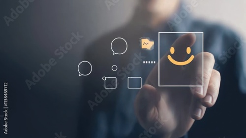Customer service and Satisfaction concept ,Business people are touching the virtual screen on the happy Smiley face icon to give satisfaction in service. rating very impressed.
