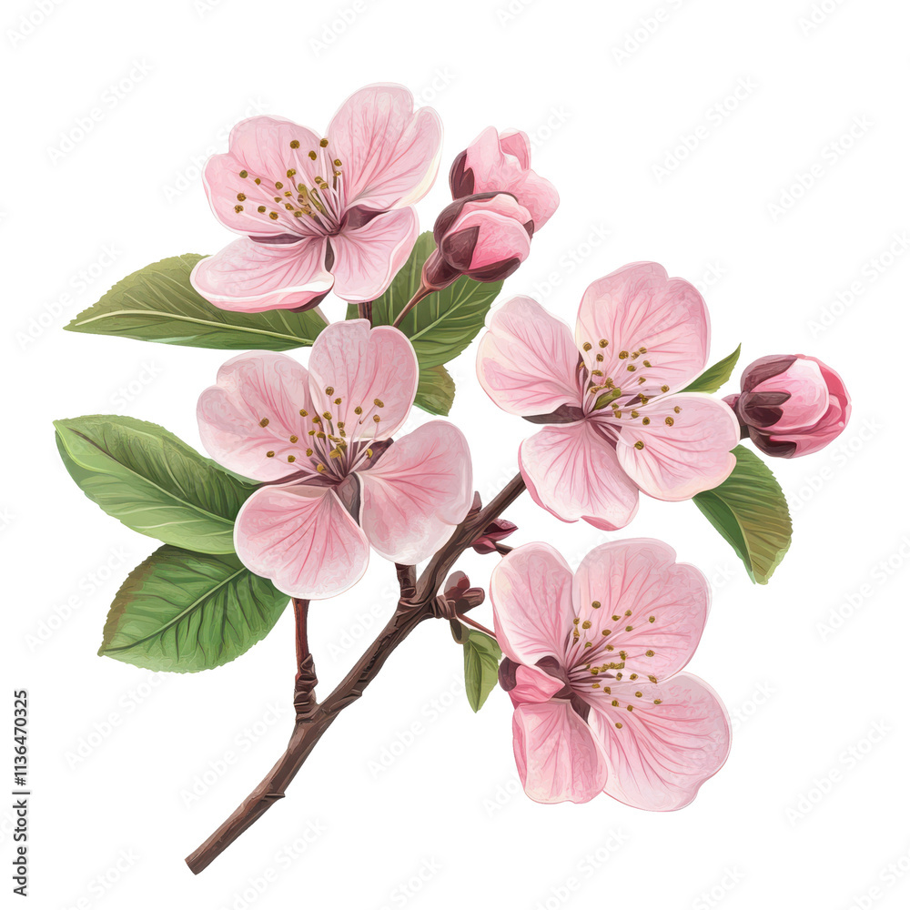 Obraz premium Beautiful pink cherry blossom branch with Sakura flower vector illustration on transparent background, PNG cutout photo