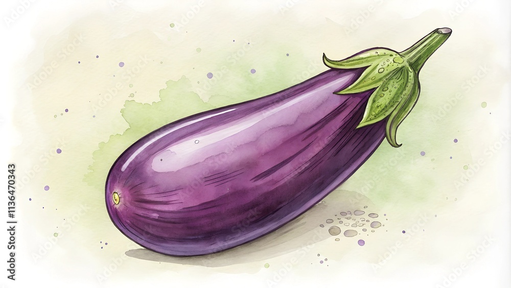Watercolor Painting of Fresh Eggplant – Artistic Food Illustration