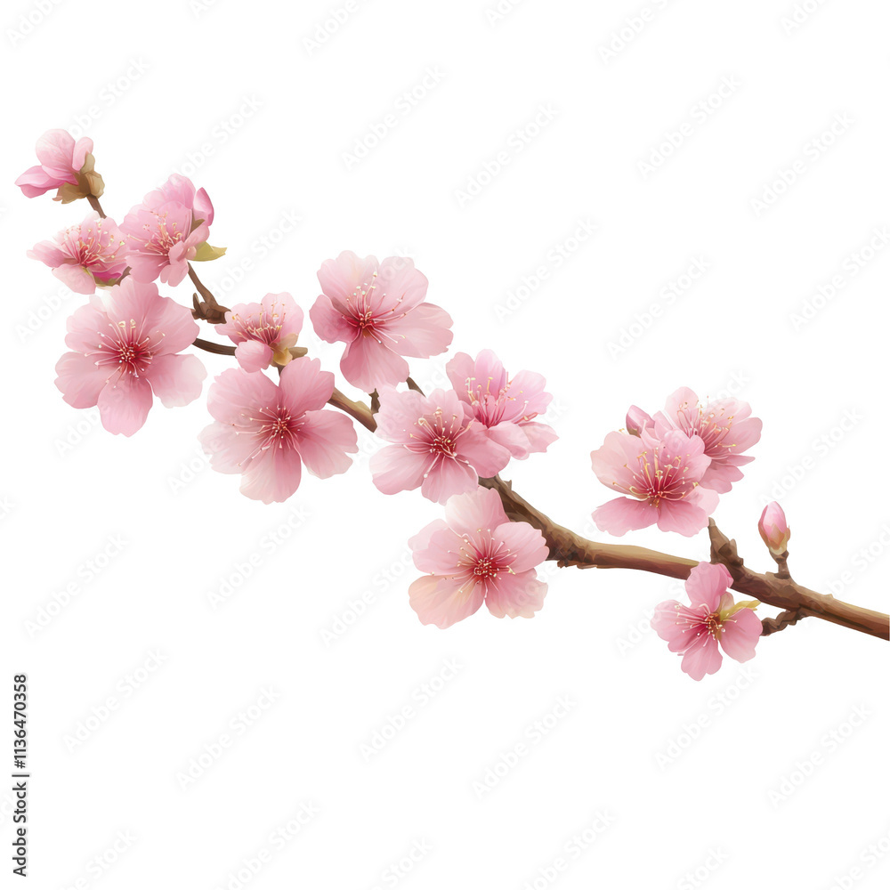 Beautiful pink cherry blossom branch with Sakura flower vector illustration on transparent background, PNG cutout photo Beautiful pink cherry blossom branch with Sakura flower vector illustration on transparent background, PNG cutout photo