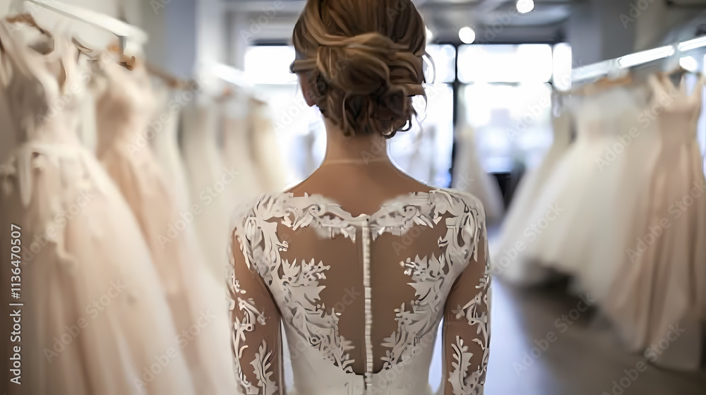 Obraz premium Bride's Dream: A bride-to-be stands in a bridal boutique, surrounded by rows of exquisite wedding gowns. Her back is to the viewer, showcasing the intricate lace detailing of her chosen dress.