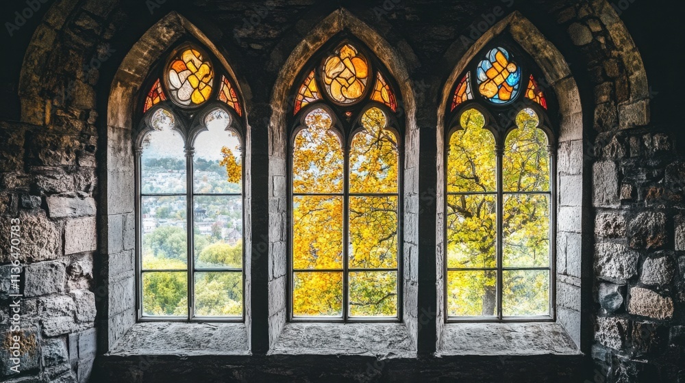 Fototapeta premium Three Stained Glass Windows Framing Autumn Landscape View