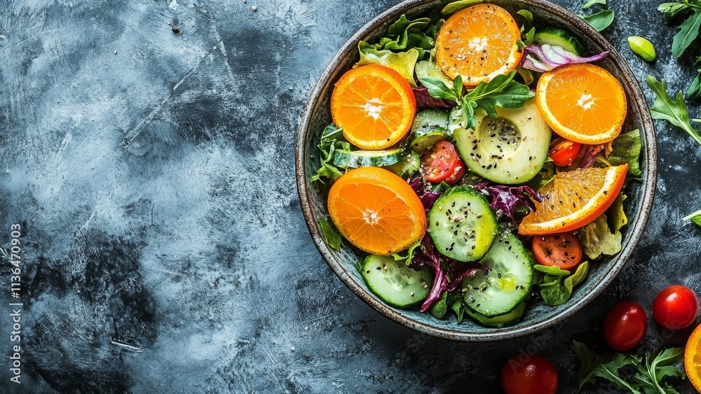 Fresh salad with citrus fruits and vegetables in rustic setting