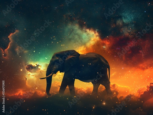 A majestic elephant stands amid a colorful cosmic background, blending nature with the wonders of the universe in a surreal landscape. photo