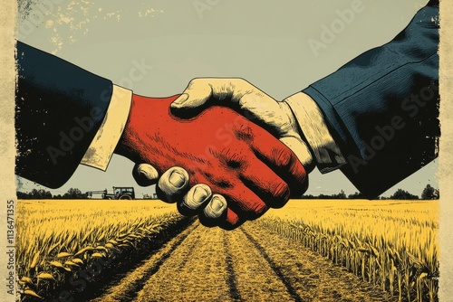 Retro poster illustrates a handshake between a banker and a farmer, capturing the essence of partnership and collaboration between traditional banking and the evolving agricultural sector.