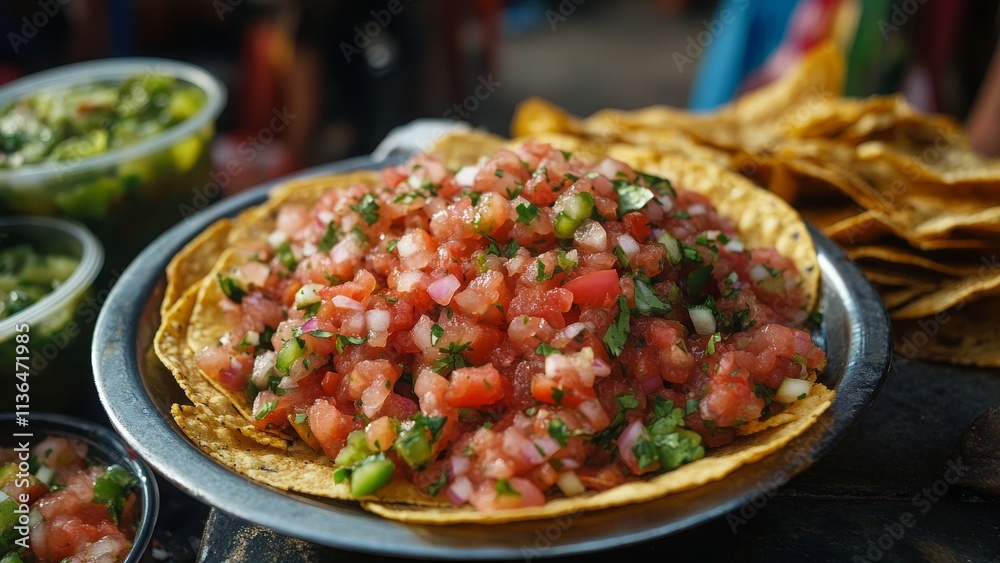 Fresh salsa with tortilla chips served at a market in Mexico Fresh salsa with tortilla chips served at a market in Mexico