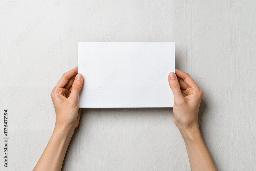 Two hands are presenting a blank white card against a light textured surface, inviting creativity Two hands are presenting a blank white card against a light textured surface, inviting creativity