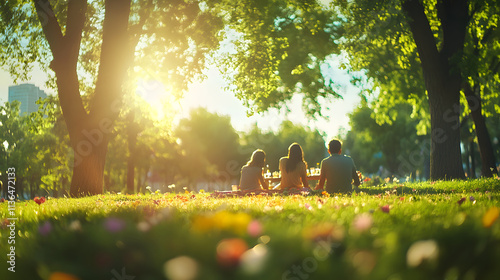 A Picturesque Family Picnic: Cherished Moments in a Radiant Park Filled with Nature's Vibrancy and Joy photo