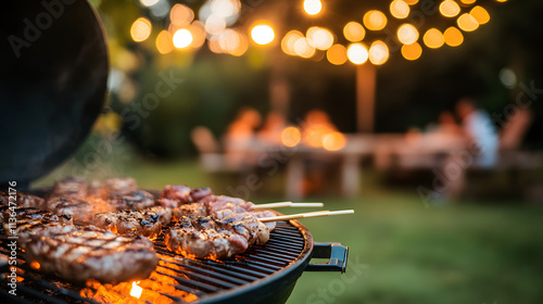 A magical summer barbecue celebration featuring laughter, storytelling, and a sumptuous feast in a warmly lit backyard with friends