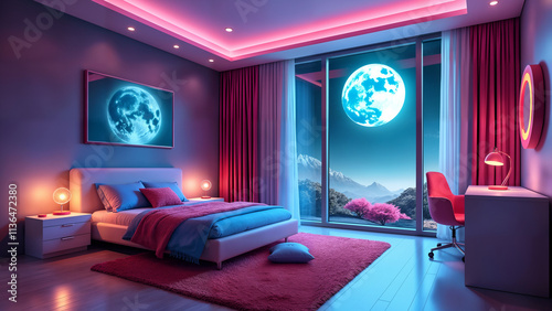 A Stunning Fantasy-Themed Futuristic Kids' Bedroom with Bright Neon Colors and an Outer Space Reading Nook photo