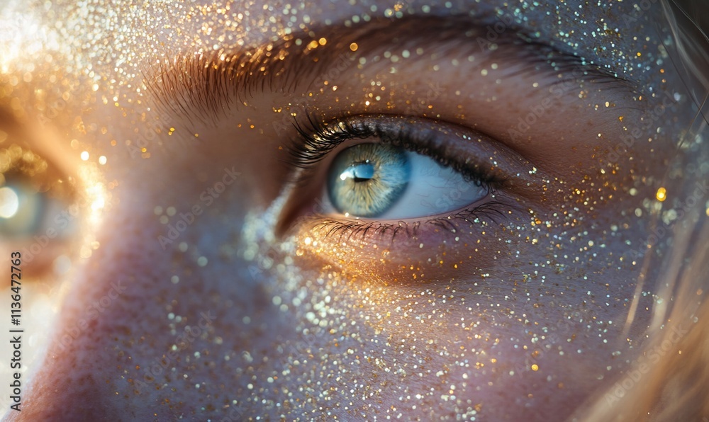 Close-up of an eye adorned with glitter, showcasing beauty and detail.